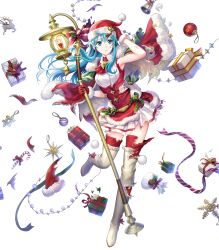 Rule 34 | 1girl, alternate costume, asatani tomoyo, christmas ornaments, eirika (fire emblem), eirika (winter) (fire emblem), fire emblem, fire emblem: the sacred stones, fire emblem heroes, food, full body, hat, highres, long hair, nintendo, official art, pom pom (clothes), red thighhighs, santa hat, skirt, solo, thighhighs, torn clothes, torn skirt, transparent background