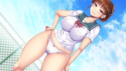 Rule 34 | 1girl, blue sky, breasts, brown eyes, brown hair, cameltoe, cloud, day, game cg, gluteal fold, green sailor collar, hand on own hip, ikusei, impossible clothes, impossible shirt, large breasts, looking at viewer, nagasawa miki, neck ribbon, non-web source, official art, outdoors, panties, red ribbon, ribbon, sailor collar, shirt, short hair, skindentation, sky, solo, underwear, white panties, white shirt