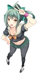 Rule 34 | 1girl, blue shirt, blush, bow, breasts, cleavage, collarbone, crop top, from above, full body, gin&#039;ichi (akacia), green bow, green hair, green skirt, hair bow, highres, kantai collection, long hair, looking at viewer, midriff, navel, open mouth, orange eyes, pantyhose, pleated skirt, ponytail, sailor collar, shirt, shoes, short sleeves, sidelocks, simple background, skirt, small breasts, solo, stomach, v, white background, white footwear, wristband, yuubari (kancolle)