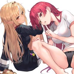 Rule 34 | 2girls, barefoot, black panties, blonde hair, bow, bow panties, breasts, closed mouth, clothes writing, collarbone, commentary, dark-skinned female, dark skin, eyelashes, from behind, hair between eyes, hair intakes, hand on own knee, heterochromia, highres, hololive, houshou marine, houshou marine (summer), index finger raised, knees up, large breasts, light smile, long hair, looking at viewer, looking back, multicolored hair, multiple girls, myung yi, no pants, panties, plaid, pointy ears, red eyes, red hair, shiranui flare, shirt, short shorts, short sleeves, shorts, simple background, sitting, spread legs, streaked hair, stuffed toy, t-shirt, thighs, underwear, unfinished, virtual youtuber, white background, white shirt, yellow eyes