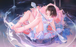 Rule 34 | 1girl, artist name, ass, atdan, bare arms, bare legs, bare shoulders, black hair, breasts, breasts apart, cup, dress, fantasy, fish, flower, high heels, highres, holding, in container, in cup, large breasts, lily (atdan), looking at viewer, open mouth, original, pillow, reclining, red eyes, red flower, revision, sandals, short hair, sleeveless, sleeveless dress, solo, spoon, strapless, strapless dress, thighs, tongue, tongue out, white dress