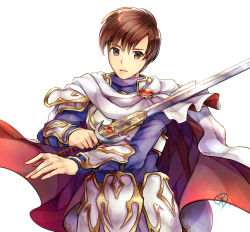Rule 34 | 1boy, absurdres, armor, bracer, breastplate, brown eyes, brown hair, cape, commentary request, fire emblem, fire emblem: thracia 776, hair between eyes, highres, holding, holding sword, holding weapon, leif (fire emblem), light brand, looking at viewer, male focus, nintendo, parted lips, purple shirt, shirt, short hair, shoulder armor, simple background, solo, sword, tarayuki, upper body, weapon, white armor, white background