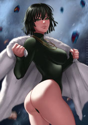 Rule 34 | 1girl, artist name, ass, black hair, breasts, coat, dandon fuga, dress, eyeliner, fubuki (one-punch man), fur coat, green eyes, green leotard, grin, highleg, jewelry, large breasts, leotard, lips, long sleeves, looking at viewer, looking back, makeup, necklace, nose, one-punch man, short hair, smile, solo, standing, telekinesis, thick thighs, thighs, thong leotard, white coat