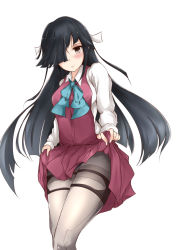 Rule 34 | 10s, 1girl, black hair, bow, bowtie, breasts, brown eyes, clothes lift, grey pantyhose, hair over one eye, hayashimo (kancolle), hime cut, kantai collection, long hair, long sleeves, migiue, panties, panties under pantyhose, pantyhose, ribbon, school uniform, shirt, skirt, skirt lift, smile, solo, thighband pantyhose, underwear, very long hair, vest, white background