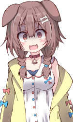 Rule 34 | 1girl, :3, :d, absurdres, animal ears, blue bow, blush, bone hair ornament, bow, braid, breasts, brown hair, cartoon bone, cleavage, collar, collarbone, commentary request, dog ears, dress, fang, hair between eyes, hair ornament, hair over shoulder, highres, hololive, inugami korone, jacket, long hair, looking at viewer, low twintails, medium breasts, off shoulder, open clothes, open jacket, open mouth, red bow, red collar, red eyes, simple background, sleeveless, sleeveless dress, smile, solo, twin braids, twintails, umberblack, upper body, virtual youtuber, white background, white dress, yellow jacket