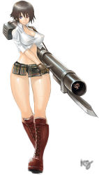 Rule 34 | 00s, 1girl, bad anatomy, boots, breasts, brown hair, capcom, cleavage, cleavage cutout, clothing cutout, devil may cry (series), devil may cry 3, gloves, gun, heterochromia, hip focus, lady (devil may cry), large breasts, legs, rocketlauncher, short hair, smile, solo, weapon, wide hips
