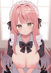 Rule 34 | 1girl, apron, black bow, black bowtie, black dress, black ribbon, blunt bangs, blush, bow, bowtie, breasts, breasts out, cleavage, closed mouth, commission, dress, frown, furrowed brow, green eyes, hair ribbon, highres, indoors, large breasts, long hair, looking at viewer, maid, maid headdress, nipples, original, pink hair, puffy nipples, ribbon, uramakaron, v arms, white apron, window