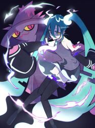 Rule 34 | aqua hair, black thighhighs, creatures (company), detached sleeves, floating, game freak, gen 4 pokemon, ghost, ghost miku (project voltage), glitch, grey shirt, hair between eyes, hatsune miku, highres, kotoko0, long hair, looking at viewer, mismagius, necktie, nintendo, pale skin, pokemon, pokemon (creature), project voltage, see-through, see-through skirt, shirt, skirt, sleeves past fingers, sleeves past wrists, thighhighs, twintails, very long hair, vocaloid, will-o&#039;-the-wisp (mythology), yellow eyes