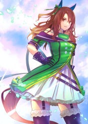Rule 34 | 1girl, animal ears, black dress, bow, brown hair, commentary, dress, ear covers, from below, green bow, green dress, hair bow, highres, horse ears, horse girl, horse tail, king halo (umamusume), long hair, looking at viewer, murazo (0606), off-shoulder dress, off shoulder, red eyes, solo, tail, umamusume