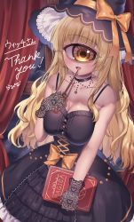 Rule 34 | 1girl, :d, absurdres, azen (mntimcczgrtn), blonde hair, blunt bangs, blush, book, breasts, choker, cleavage, collarbone, commission, corset, curtains, cyclops, dress, fang, frills, gloves, grimoire, hat, hat ribbon, highres, holding, holding book, holding wand, lace, lace gloves, layered dress, long hair, looking at viewer, monster girl, one-eyed, open mouth, original, ribbon, smile, solo, spaghetti strap, very long hair, wand, witch hat, yellow eyes