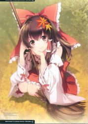 Rule 34 | 1girl, absurdres, an2a, antenna hair, autumn, autumn leaves, bow, broom, brown eyes, brown hair, head rest, detached sleeves, full body, hair bow, hair ornament, hair tubes, hakurei reimu, head tilt, highres, holding broom, huge filesize, japanese clothes, leaf hair ornament, looking at viewer, looking up, miko, outdoors, scan, smile, solo, squatting, touhou