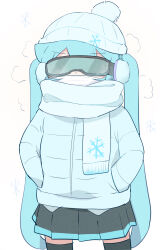 Rule 34 | 1girl, abmayo, alternate costume, beanie, black skirt, black thighhighs, blue hair, blue jacket, blue scarf, cowboy shot, down jacket, earmuffs, facing viewer, goggles, green skirt, hands in pockets, hat, hatsune miku, highres, jacket, long hair, mask, miniskirt, mouth mask, pleated skirt, pom pom (clothes), scarf, simple background, skirt, snowflake print, solo, surgical mask, thighhighs, twintails, very long hair, vocaloid, white background, white hat, white jacket, winter clothes, zettai ryouiki