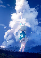 Rule 34 | 1girl, arona (blue archive), blue archive, blue hair, blue shirt, blue sky, bow, closed umbrella, cloud, cloudy sky, commentary, cumulonimbus cloud, day, facing away, from side, hair ribbon, halo, highres, holding, holding umbrella, long sleeves, outdoors, pleated skirt, puffy long sleeves, puffy sleeves, revision, ribbon, sailor collar, shirt, skirt, sky, solo, standing, umbrella, white bow, white ribbon, white sailor collar, white skirt, white umbrella, yan (nicknikg)
