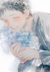 Rule 34 | 1boy, black shirt, blue flower, blush, bouquet, brown hair, character request, closed eyes, copyright request, dated, flower, flower on head, grin, happy birthday, highres, male focus, mame (mmgamegg), shirt, signature, smile, solo, teeth, upper body, white background