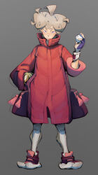 Rule 34 | 1boy, ahoge, bede (pokemon), blonde hair, closed mouth, coat, commentary, creatures (company), curly hair, eskey 09, frown, full body, game freak, gloves, great ball, grey background, hand in pocket, high collar, highres, holding, holding poke ball, leggings, looking at viewer, male focus, nintendo, poke ball, pokemon, pokemon swsh, shoes, short hair, solo, standing, watch, white leggings, wristwatch