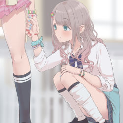 Rule 34 | 2girls, blunt bangs, blurry, blurry background, blush, clothes around waist, depth of field, grey hair, hair ornament, hairpin, hand on own knee, head out of frame, highres, holding another&#039;s wrist, holding strap, idolmaster, idolmaster shiny colors, jacket, jacket around waist, kneehighs, long hair, looking at object, lower body, mayuzumi fuyuko, multiple girls, nail polish, open clothes, panties, panty straps, plaid, plaid skirt, serizawa asahi, side-tie panties, skirt, socks, solo focus, squatting, umirororo, underwear, wavy hair