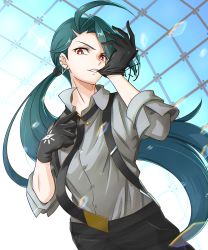 Rule 34 | 1girl, ahoge, black gloves, black necktie, black pants, bright pupils, buttons, clenched teeth, collared shirt, commentary request, creatures (company), eyelashes, game freak, gloves, green hair, grey shirt, highres, long hair, mouth hold, necktie, nintendo, pants, pokemon, pokemon sv, ponytail, red eyes, rika (pokemon), shirt, skarameru, solo, suspenders, teeth, white pupils