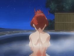 Rule 34 | 1girl, ahoge, animated, animated gif, back, backboob, breast hold, breasts, brown eyes, eiken, from behind, huge breasts, looking at viewer, looking back, nude, onsen, outdoors, partially submerged, red hair, shinonome chiharu, smile, solo, water