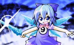 Rule 34 | circled 9, 1girl, blue eyes, blue hair, bow, cirno, crystal sword, fang, female focus, hair bow, ice, matching hair/eyes, meta ooyake, outstretched arms, phantasmagoria of flower view, short hair, solo, spread arms, sword, touhou, weapon, wings