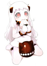 Rule 34 | 10s, 1girl, abyssal ship, barefoot, colored skin, dress, eating, food, horns, kantai collection, lillithlauda, long hair, mittens, northern ocean princess, onigiri, red eyes, sitting, solo, wariza, white dress, white hair, white skin