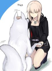 Rule 34 | 1girl, animal, artoria pendragon (all), artoria pendragon (fate), belt, black footwear, boots, cavall the 2nd, cross, cross necklace, dog, fate/grand order, fate (series), headpat, highres, holding paw, hood, hoodie, jewelry, knee boots, necklace, official alternate costume, pale skin, saber (fate), saber alter, saber alter (ver. shinjuku 1999) (fate), shorts, tetsu (kimuchi), yellow eyes