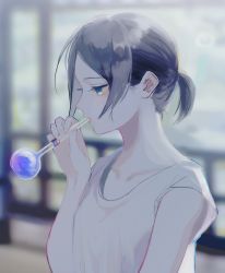 Rule 34 | 1girl, bare arms, black hair, blowing, blue eyes, blurry, blurry background, fingernails, flat chest, glass, glass blowing, half-closed eyes, highres, holding, looking to the side, mouth hold, original, p2 (uxjzz), profile, shirt, short hair, short ponytail, sleeveless, sleeveless shirt, solo, upper body