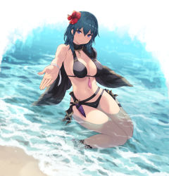 Rule 34 | 1girl, belt, bikini, black bikini, black footwear, blue eyes, breasts, byleth (female) (fire emblem), byleth (female) (summer) (fire emblem), byleth (fire emblem), cait aron, cleavage, commentary request, fire emblem, fire emblem: three houses, fire emblem heroes, flower, green hair, hair flower, hair ornament, hibiscus, highres, jewelry, knife, knife sheath, knife sheath, large breasts, looking at viewer, medium hair, navel, necklace, nintendo, official alternate costume, outstretched hand, partially submerged, reaching, reaching towards viewer, sandals, shawl, sheath, sitting, solo, swimsuit, wading, wariza, water