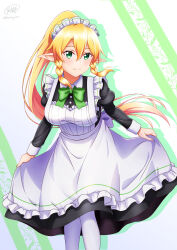 Rule 34 | 1girl, alternate costume, apron, black dress, blush, bow, bowtie, braid, closed mouth, collared shirt, dress, enmaided, feet out of frame, frilled apron, frills, green bow, green bowtie, hair between eyes, highres, juliet sleeves, ken-ji, leafa, leaning forward, long sleeves, maid, maid apron, maid headdress, pantyhose, ponytail, puffy sleeves, shirt, smile, solo, sword art online, twin braids, watermark, white background, white pantyhose