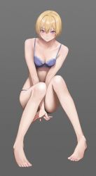 Rule 34 | 1girl, absurdres, blonde hair, blush, breasts, cleavage, frown, full body, hair between eyes, highres, idolmaster, idolmaster shiny colors, knees together feet apart, looking at viewer, out type (outtypeex), own hands together, red hair, saijo juri, short hair, simple background, small breasts, solo, underwear, underwear only, v-shaped eyebrows