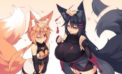 Rule 34 | 2girls, ;3, animal ear fluff, animal ears, arms up, bare shoulders, black gloves, black hair, black legwear, black ribbon, blue eyes, blush, breasts, bridal gauntlets, commentary, covered collarbone, disembodied limb, ear piercing, elbow gloves, english commentary, fang, fox ears, fox girl, fox tail, gloves, hair between eyes, hair ornament, hair ribbon, hairclip, half-closed eye, hand on another&#039;s head, headpat, heart, japanese clothes, kiri (sub-res), large breasts, large tail, long hair, long sleeves, looking at viewer, multiple girls, notched ear, one eye closed, orange hair, original, parted lips, piercing, red eyes, ribbon, sash, short hair, sleeveless, small breasts, smile, sub-res, suzu (sub-res), tail, tail wagging, thighhighs, wide sleeves