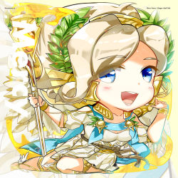 Rule 34 | 1girl, ancient greek clothes, blonde hair, blue eyes, blush, breasts, chibi, chiton, cleavage, collarbone, dress, eyes visible through hair, feathered wings, full body, greco-roman clothes, head wreath, heco (mama), high ponytail, himation, laurel crown, looking at viewer, mechanical wings, medium breasts, mercy (overwatch), miniskirt, official alternate costume, open mouth, overwatch, overwatch 1, pink lips, pleated skirt, sandals, short hair, short sleeves, sitting, skirt, smile, solo, toga, tongue, white dress, winged victory mercy, wings