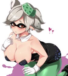 Rule 34 | + +, 1girl, :o, armpits, bare shoulders, black dress, blush, breasts, cleavage, detached collar, domino mask, dress, earrings, female focus, finger to mouth, gloves, heart, highres, huge breasts, inkling, jewelry, kneeling, large breasts, leaning, leaning forward, looking at viewer, marie (splatoon), mask, moisture (chichi), mole, neck, nintendo, pantyhose, parted lips, pointing, pointy ears, short hair, shy, silver hair, simple background, solo, splatoon (series), splatoon 1, strapless, strapless dress, symbol-shaped pupils, tentacle hair, thick thighs, thighs, white gloves