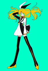 Rule 34 | 1girl, absurdres, aqua background, aqua eyes, aqua hair, arm at side, black bow, black thighhighs, blonde hair, boots, bow, bright pupils, cropped jacket, dot nose, dress, expressionless, eyewear around neck, facing viewer, flat chest, floating hair, frilled sleeves, frills, full body, hair bow, hair ornament, hairclip, hand on own head, hand up, headphones, headphones around neck, high heels, highres, iroha (hourai 24), kagamine rin, legs apart, long hair, long legs, long sleeves, looking to the side, low-tied long hair, low twintails, multicolored hair, parted lips, pleated dress, project diva (series), reactor (module), roshin yuukai (vocaloid), short dress, sideways glance, simple background, solo, standing, streaked hair, striped clothes, striped thighhighs, thighhighs, tsurime, twintails, two-tone bow, two-tone dress, vertical-striped clothes, vertical-striped thighhighs, vocaloid, white bow, white pupils, zettai ryouiki