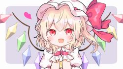 Rule 34 | 1girl, :d, blonde hair, blush, crystal, fang, flandre scarlet, hands on own cheeks, hands on own face, hat, highres, looking at viewer, mob cap, one side up, open mouth, pafe haumen, short hair, simple background, smile, solo, touhou, upper body, white hat, wings, wrist cuffs