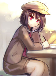 Rule 34 | 1girl, black hair, brown coat, brown hat, brown skirt, cabbie hat, coat, commentary request, feet out of frame, forbidden scrollery, fuepo, hand up, hat, head rest, head tilt, highres, holding, holding pen, long sleeves, looking at viewer, miniskirt, necktie, paper, pen, red eyes, red necktie, revision, shameimaru aya, shameimaru aya (newsboy), short hair, sitting, sketch, skirt, smile, solo, table, touhou