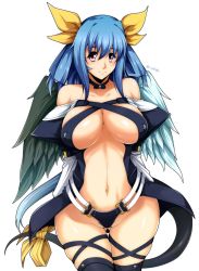 Rule 34 | 1girl, bad id, bad pixiv id, bare shoulders, blue hair, blush, breasts, cleavage, dizzy (guilty gear), covered erect nipples, female pubic hair, guilty gear, hair ribbon, highres, hiromin, large breasts, long hair, looking at viewer, navel, pubic hair, red eyes, ribbon, smile, solo, standing, thighhighs, wide hips, wings