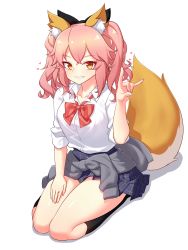 Rule 34 | 10s, 1girl, animal ear fluff, animal ears, bad id, bad pixiv id, black socks, bow, bowtie, breasts, cardigan, cardigan around waist, clothes around waist, fate/extra, fate (series), fox ears, fox shadow puppet, fox tail, full body, grin, hair bow, hand on own thigh, heart, highres, kneehighs, looking at viewer, medium breasts, narynn, official alternate costume, orange eyes, pink hair, plaid, plaid skirt, pleated skirt, school uniform, seiza, simple background, sitting, skirt, sleeves rolled up, smile, socks, solo, tail, tamamo (fate), tamamo no mae (fate/extra), tamamo no mae (jk) (fate), twintails, white background
