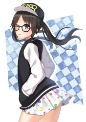 Rule 34 | 1girl, baseball cap, black-framed eyewear, black hair, black hat, black jacket, blue eyes, blush, checkered background, commentary request, contrapposto, cowboy shot, crescent print, flat chest, floating hair, from side, glasses, hands in pockets, hat, highres, idolmaster, idolmaster shiny colors, jacket, kurisu-kun, long hair, long sleeves, looking to the side, miniskirt, mitsumine yuika, one eye closed, parted bangs, paw print, pleated skirt, sidelocks, skirt, solo, standing, star (symbol), star print, tongue, tongue out, twintails, white background, white skirt