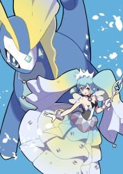 Rule 34 | 1girl, aqua hair, aurorus, blue skin, colored skin, commentary request, creatures (company), diamond (shape), dinosaur, dress, game freak, gen 6 pokemon, gloves, hatsune miku, highres, holding, holding wand, long hair, long neck, making-of available, nintendo, partial commentary, pokemon, pokemon (creature), project voltage, rock miku (project voltage), rubyhoenn, tiara, twintails, vocaloid, wand