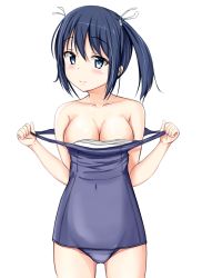 Rule 34 | 10s, 1girl, blue eyes, blue hair, blush, breasts, clothes lift, clothes pull, female focus, kantai collection, large breasts, matching hair/eyes, nikaido nine, one-piece swimsuit, one-piece swimsuit pull, pulling own clothes, school swimsuit, short hair, simple background, smile, solo, souryuu (kancolle), swimsuit, swimsuit lift, twintails