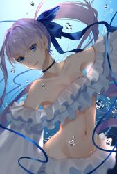 Rule 34 | 1girl, air bubble, bare shoulders, blue bow, blue choker, blue eyes, blue one-piece swimsuit, blunt bangs, bow, breasts, bubble, choker, cleavage, closed mouth, collarbone, commentary request, earrings, fate/grand order, fate (series), frilled skirt, frills, groin, hair bow, jewelry, long eyelashes, long hair, long sleeves, looking at viewer, meltryllis, meltryllis (fate), meltryllis (swimsuit lancer) (fate), meltryllis (swimsuit lancer) (third ascension) (fate), midriff, navel, nyaon oekaki, one-piece swimsuit, ponytail, puffy sleeves, purple hair, skirt, smile, solo, strapless, strapless one-piece swimsuit, swimsuit, underwater, upper body