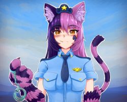 Rule 34 | 1girl, animal ear fluff, animal ears, animal hands, blue necktie, blue shirt, blush, breast pocket, cat ears, cat girl, cat tail, cheshire cat (monster girl encyclopedia), claws, commentary, cuffs, eyes visible through hair, facial mark, frown, fur, hair between eyes, hand up, handcuff dangle, handcuffs, hat, highres, long hair, looking at viewer, monster girl encyclopedia, mouth hold, multicolored hair, necktie, nose blush, orange eyes, outline, pink hair, pocket, police, police hat, police uniform, policewoman, purple hair, shirt, short sleeves, solo, star (symbol), symbol-only commentary, tail, two-tone hair, uniform, upper body, white outline, wlper