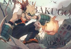 Rule 34 | 1boy, adam&#039;s apple, arm at side, bakugou katsuki, bare shoulders, belt, black mask, black pants, black tank top, blonde hair, blurry, blurry background, boku no hero academia, boots, buckle, building, character name, chromatic aberration, cloud, collarbone, colored shoe soles, commentary, copyright name, detached sleeves, explosion, explosive, eye mask, film grain, flag, flock, foot out of frame, from side, gloves, green gloves, grenade, hand up, headgear, industrial pipe, knee boots, knee pads, knee up, leaning forward, looking ahead, male focus, open mouth, orange gloves, outdoors, outstretched arm, pants, pectoral cleavage, pectorals, red eyes, rock, rubble, ruins, sanpaku, short hair, sideways mouth, simple bird, sleeveless, smile, snap-fit buckle, solo, spiked hair, stepping, tank top, text background, text focus, torn flag, two-tone gloves, v-neck, window, x, xi yuu