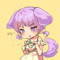 Rule 34 | 1girl, bare shoulders, blush, cheli (kso1564), chibi, dog tail, dress, flying sweatdrops, hair bobbles, hair ornament, hands up, holding, korean text, lowres, original, purple eyes, purple hair, simple background, smile, solo, tail, tsurime, yellow background, yellow dress