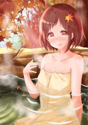 Rule 34 | 1girl, autumn, autumn leaves, bad id, bad pixiv id, bang dream!, bare shoulders, blush, brown eyes, brown hair, collarbone, commentary request, hand up, hazawa tsugumi, highres, leaf, leaf on head, looking at viewer, naked towel, onsen, open mouth, partially submerged, rock, short hair, solo, steam, towel, tsugumochi, water, wet, yellow towel