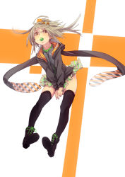Rule 34 | 1girl, ahoge, ankle boots, between legs, black footwear, black jacket, black shirt, black thighhighs, blonde hair, blush, body blush, boots, brown eyes, candy, food, fu-ta, full body, hair between eyes, hair ornament, hairclip, hand between legs, hood, hood down, hooded jacket, jacket, lollipop, looking at viewer, messy hair, mouth hold, original, pigeon-toed, plaid, plaid scarf, pleated skirt, ponytail, scarf, shirt, shoelaces, short hair, skirt, solo, sweets, t-shirt, thighhighs, thighs, two-tone background, usami taiga, v arms, zettai ryouiki