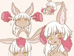 Rule 34 | 1girl, :&lt;, animal ears, cheek squash, disembodied hand, fangs, flying sweatdrops, furry, made in abyss, mountain han, multiple views, nanachi (made in abyss), one eye closed, headpat, simple background, solo focus, whiskers, white hair, yellow eyes