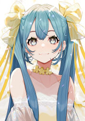 Rule 34 | 1girl, :3, aqua hair, artist name, artist request, bare shoulders, blue eyes, blue hair, bow, closed mouth, collarbone, commentary, detached sleeves, eyelashes, flower, hair bow, hatsune miku, highres, long hair, long sleeves, looking at viewer, smile, solo, twintails, upper body, vocaloid, white background, yellow bow, yellow flower, yuu (higashi no penguin)