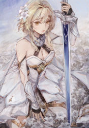 Rule 34 | 1girl, artist name, bare shoulders, blonde hair, breasts, cleavage, closed mouth, detached sleeves, dress, fingerless gloves, flower, genshin impact, gloves, hair between eyes, hair flower, hair ornament, holding, holding sword, holding weapon, kei (keiuu), lips, long hair, looking at viewer, lumine (genshin impact), medium breasts, short hair, short hair with long locks, sitting, solo, sword, weapon, white dress, white flower, yellow eyes