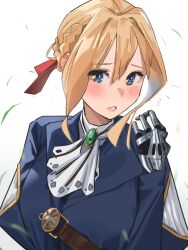Rule 34 | 1girl, absurdres, blonde hair, blue eyes, blush, contemporary, hair between eyes, hair ribbon, highres, lewdrawings, mechanical arms, red ribbon, ribbon, self-upload, simple background, solo, violet evergarden, violet evergarden (series)